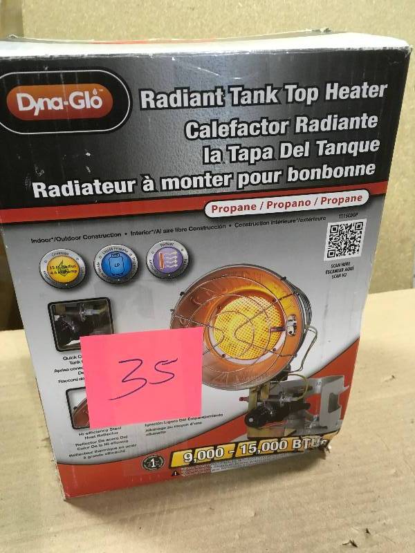 lot 35 image: Dyna-Glo 15K LP Single Tank Top Infrared Heater - CSA in like new condition