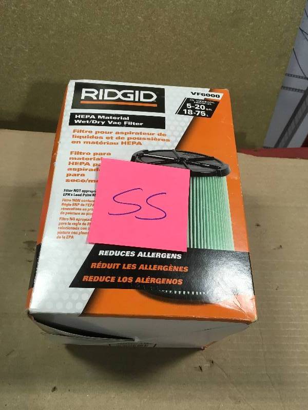 lot 55 image: RIDGID 5-Layer Allergen Pleated Paper Filter for 5.0 Plus Gal. RIDGID WetDry Vacs in like new condition