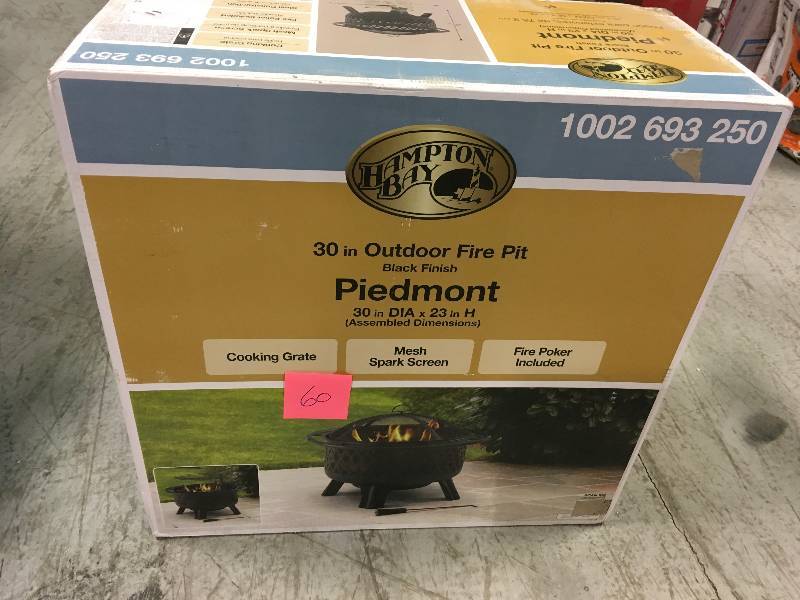 lot 60 image: Hampton Bay Piedmont 30 in. Steel Fire Pit in Black with Poker in like new condition