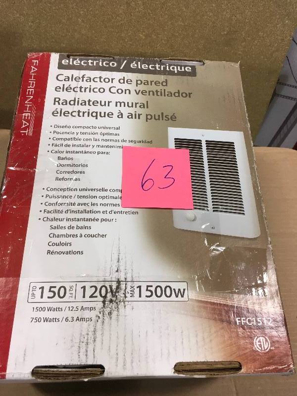 lot 63 image: Fahrenheat 1,500-Watt Small Room Wall Heater in like new condition