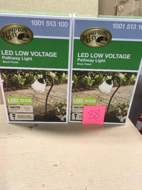 lot 88 image: Hampton Bay Low-Voltage Black Outdoor Integrated LED Black Landscape Path Light with White Tulip Shade QTY 2  not used