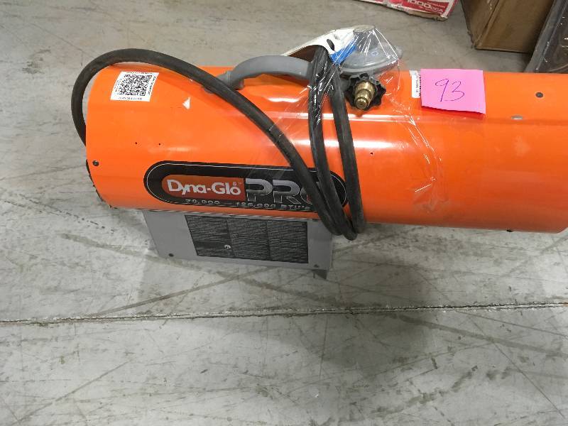 lot 93 image: Dyna-Glo Pro 125K BTU Forced Air LP Gas Portable Heater USED WORKS BROKEN GAS LINE END