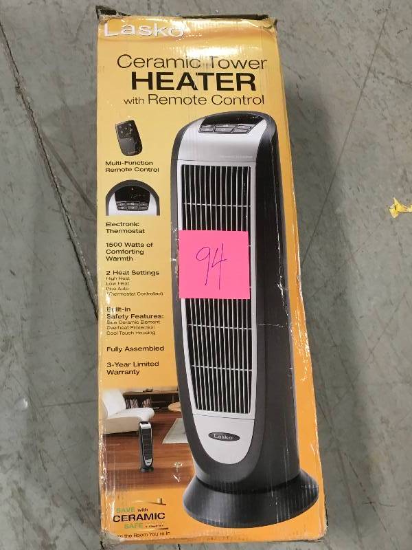 lot 94 image: Lasko 23 in. 1,500-Watt Digital Ceramic Tower Heater no remote in like new condition