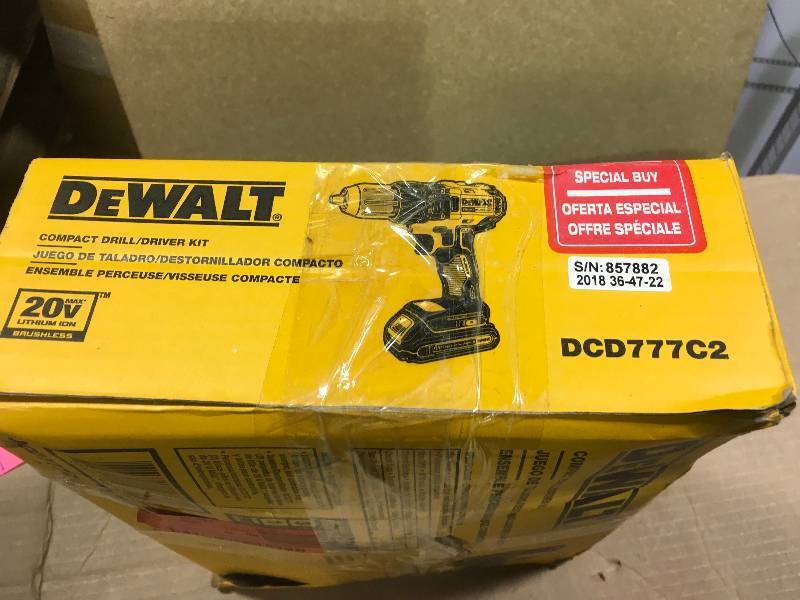 lot 98 image: DEWALT 20-Volt MAX Lithium-Ion Cordless Brushless Compact 12 in. Drill Driver with (2) Batteries 1.3Ah, Charger and Tool Bag in like new condition