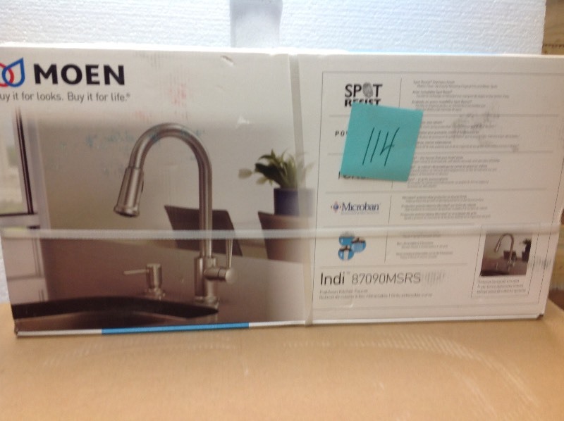 lot 114 image: MOEN  Indi Single-Handle Pull-Down Sprayer Kitchen Faucet with Reflex, Power Clean, and Microban in Spot Resist Stainless not used