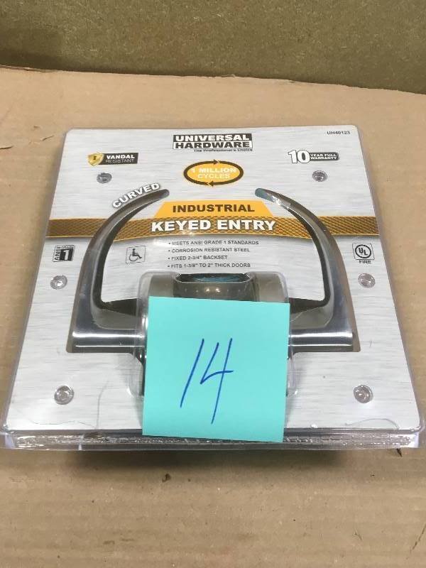 lot 14 image: Universal Hardware Commercial 2-34 in. Satin Chrome Heavy Duty Industrial Vandal Resistant Curved Keyed Entry Door Lever in like new condition