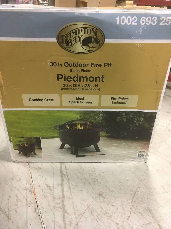lot 22 image: Hampton Bay Piedmont 30 in. Steel Fire Pit in Black with Poker in like new condition