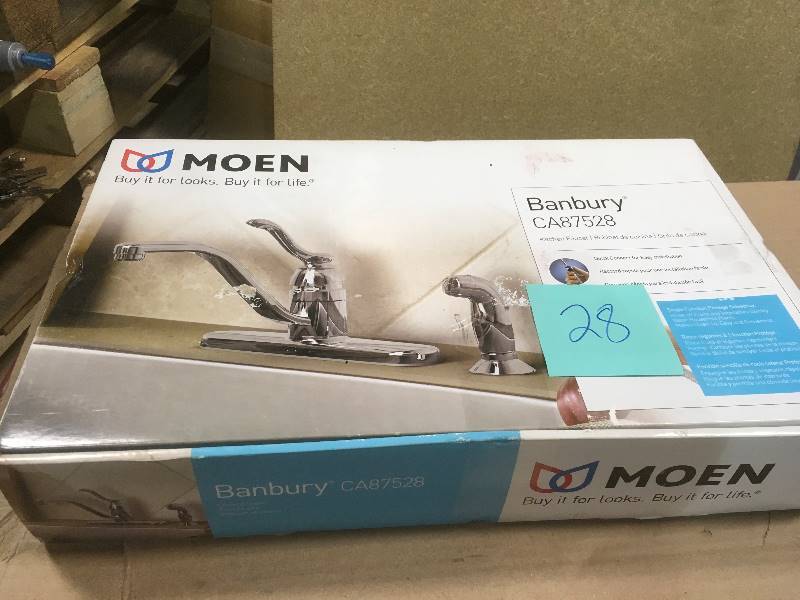 lot 28 image: MOEN Banbury Single-Handle Standard Kitchen Faucet with Side Sprayer in Chrome in like new condition