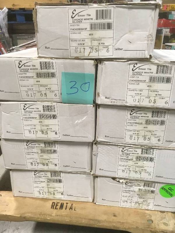 lot 30 image: Emser Choice White Glossy 3.94 in. x 9.84 in. Ceramic Wall Tile (10.76 sq. ft.  case) QTY 9 not used
