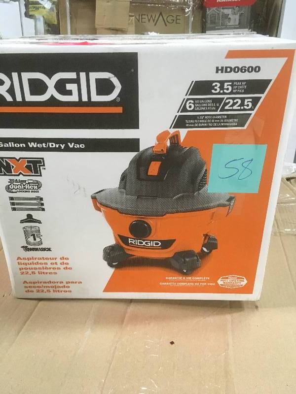 lot 58 image: RIDGID 6 Gal. 3.5-Peak HP NXT WetDry Vac in working condition