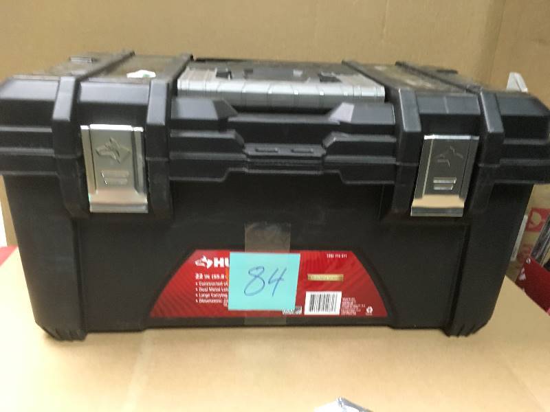 lot 84 image: Husky 22 in. Plastic Tool Box with Metal Latches in Black SEE PHOTOS DAMAGE BROKEN