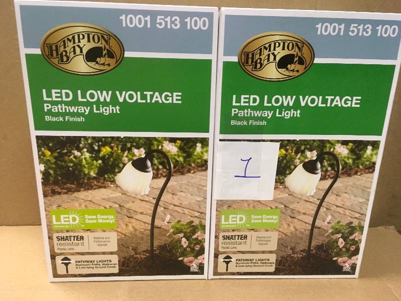 lot 1 image: Hampton Bay Low-Voltage Black Outdoor Integrated LED Black Landscape Path Light with White Tulip Shade QTY 2 not used