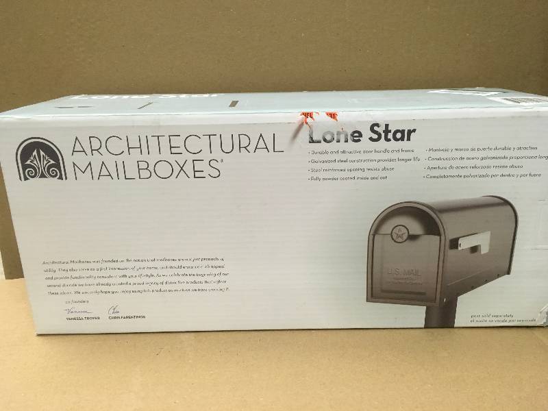 lot 2 image: Architectural Mailboxes Lone Star Rubbed Bronze with Nickel Flag Post Mount Mailbox not used