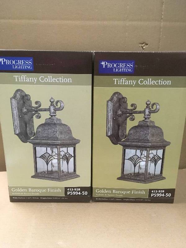 lot 5 image: Progress Lighting Tiffany 1-Light Golden Baroque Outdoor Wall Lantern P5994-50 QTY 2 not used
