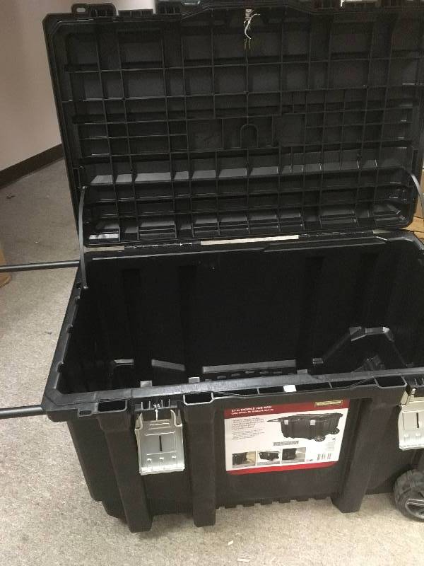 lot 10 image: Husky 37 in. Mobile Job Box Utility Cart Black PLEASE SEE PICS WHEEL DAMAGE