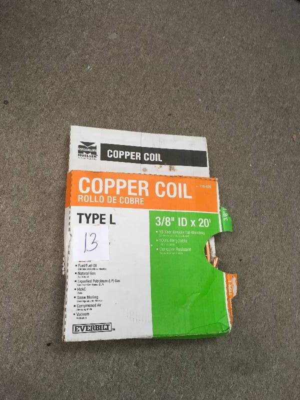 lot 13 image: Everbilt 38 in. I.D. x 20 ft. Copper Type L Soft Coil Tubing (12 in. O.D.) not used