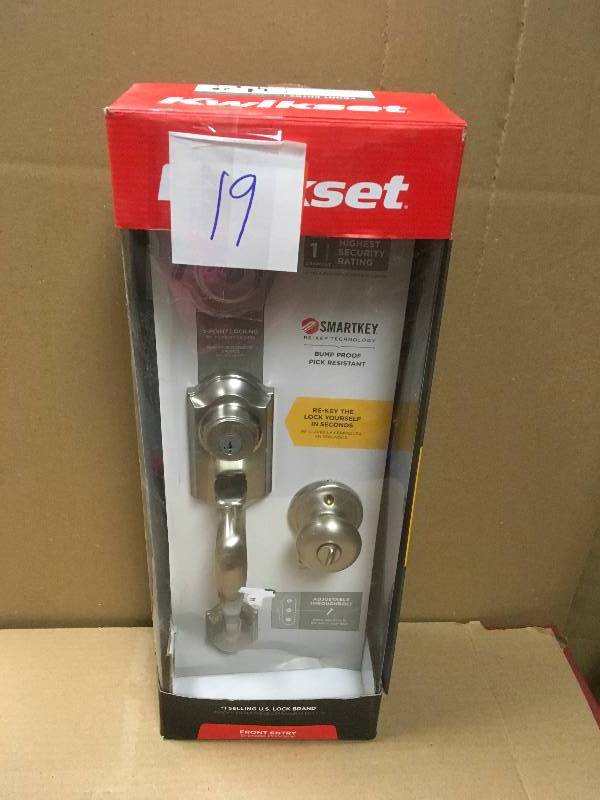 lot 19 image: Kwikset Montara Satin Nickel Single Cylinder Door Handleset with Juno Entry Knob Featuring SmartKey Security in like new condition