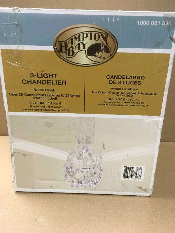lot 20 image: Hampton Bay 3-Light White Mini Chandelier with Crystal Drops and Crystal Bead Strands not used