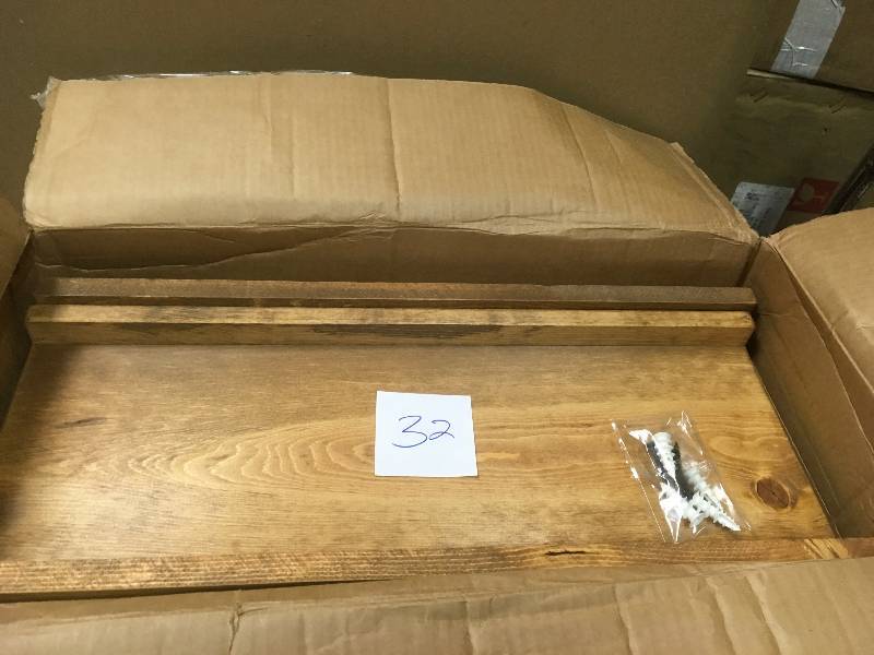 lot 32 image: Del Hutson Designs Rustic Luxe 24 in. W x 10 in. D Floating Dark Walnut Decorative Shelves (Set of 2) not used