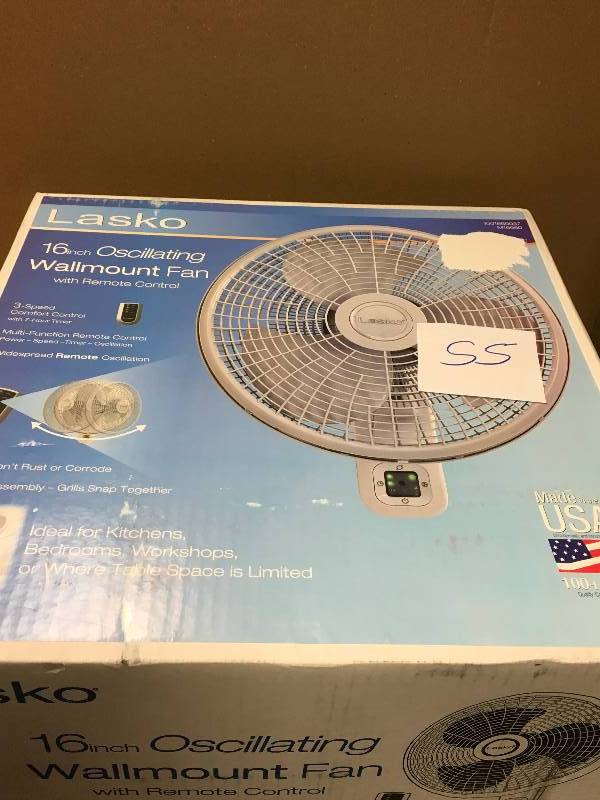 lot 55 image: Lasko 16 in. 3-Speed Oscillating Wall Mount Fan in like new condition