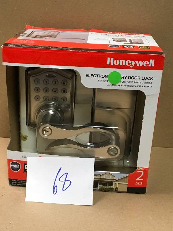 lot 68 image: Honeywell Satin Nickel Keypad Electronic Door Lever Entry Lock with Alarm in like new condition