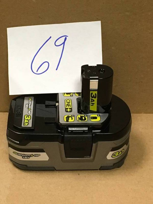 lot 69 image: RYOBI 18-Volt ONE Lithium-Ion 3.0 Ah LITHIUM HP High Capacity Battery in like new condition