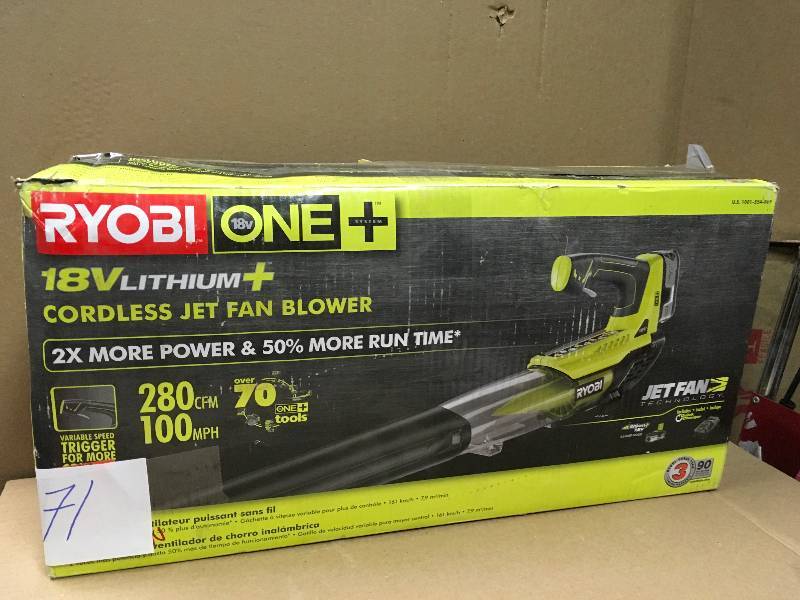 lot 71 image: RYOBI ONE 100 MPH 280 CFM Variable-Speed 18-Volt Lithium-Ion Cordless Jet Fan Leaf Blower 4Ah Battery and Charger Included in like new condition