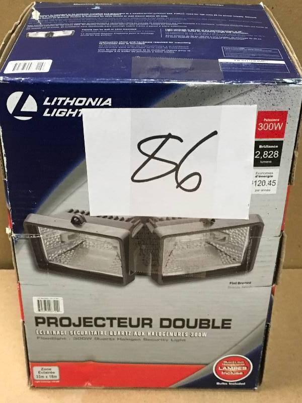 lot 86 image: Lithonia Lighting 2-Lamp Bronze Outdoor Flood Light in like new condition
