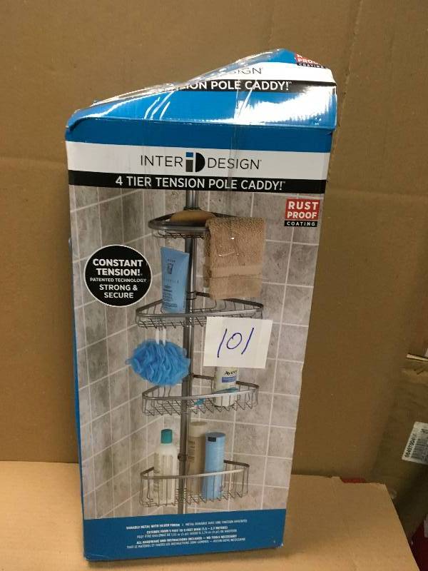 lot 101 image: interDesign Shower Caddies York Tension-Pole Caddy in Powder Coated Silver 42686 in like new condition