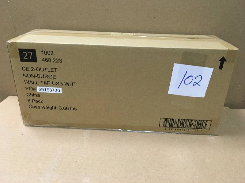 lot 102 image: Commercial Electric 4.2 Amp 2-Outlet 2-USB Wall Tap Power Station, White CASE 6 PACK in like new condition