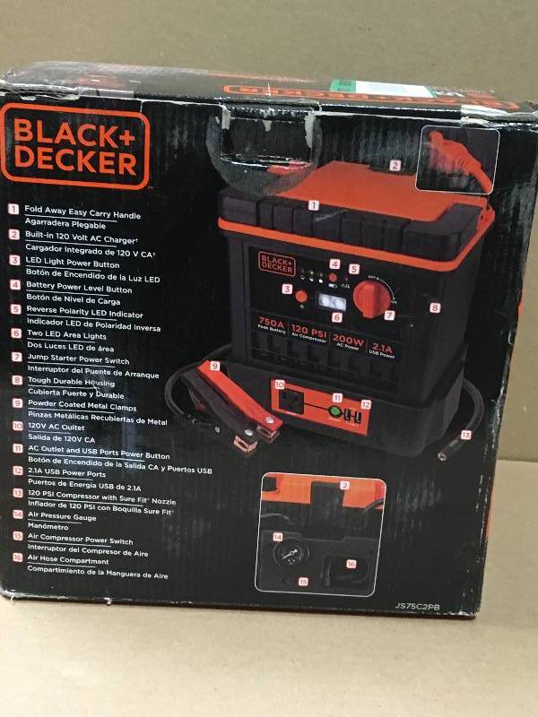 lot 103 image: BLACK  DECKER JS75C2PB 750 Amp Portable Power Station in like new condition