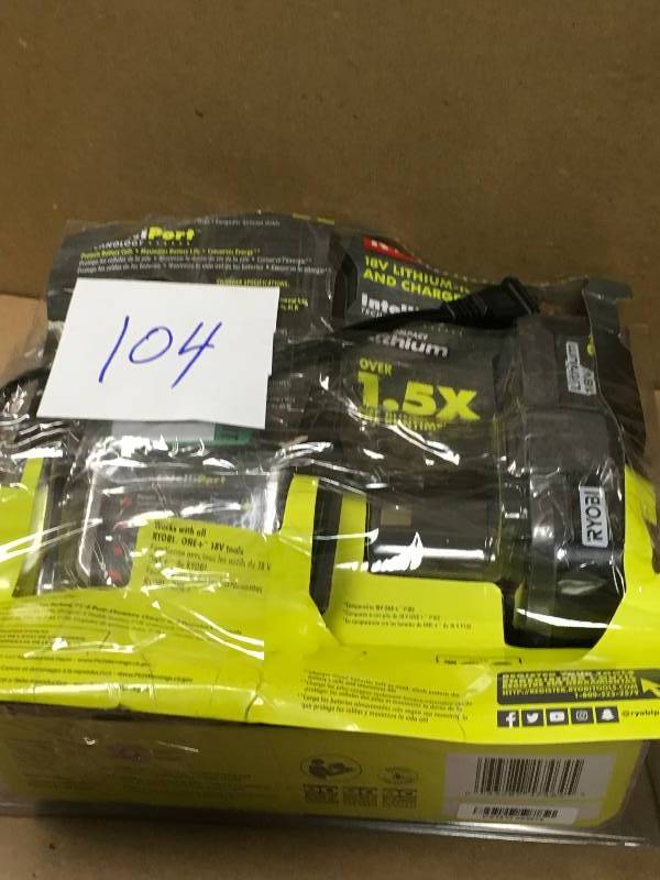 lot 104 image: RYOBI 18-Volt ONE Lithium-Ion 2.0 Ah Battery and Dual Chemistry IntelliPort Charger Upgrade Kit in like new condition