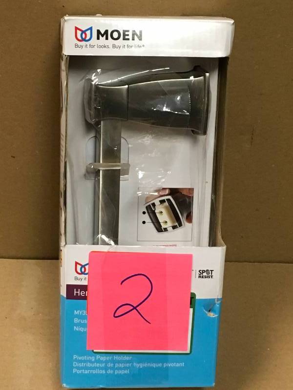 lot 2 image: MOEN Hensley Pivoting Double Post Toilet Paper Holder in Spot Resist Brushed Nickel in good conditions in like new condition