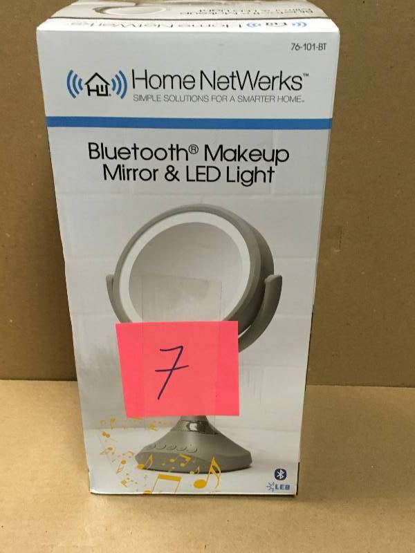 lot 7 image: Home Netwerks 6.25 in. x 12.5 in. Bi-view Bluetooth LED Handheld Makeup Mirror in Gray in like new condition