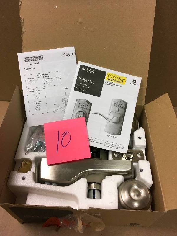 lot 10 image: Schlage Camelot Satin Nickel Electronic Door Lock with Georgian Door Knob Featuring Flex Lock in like new condition