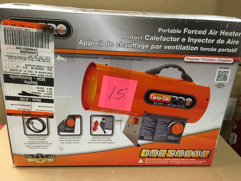 lot 15 image: Dyna-Glo Pro 60K BTU Forced Air Propane Portable Heater in like new condition