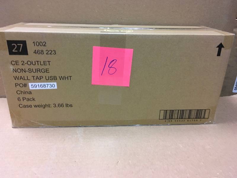 lot 18 image: Commercial Electric 4.2 Amp 2-Outlet 2-USB Wall Tap Power Station, White CASE 6 PK in like new condition
