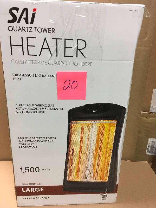 lot 20 image: SAI 1500-Watt Quartz Tower Heater, Black in like new condition