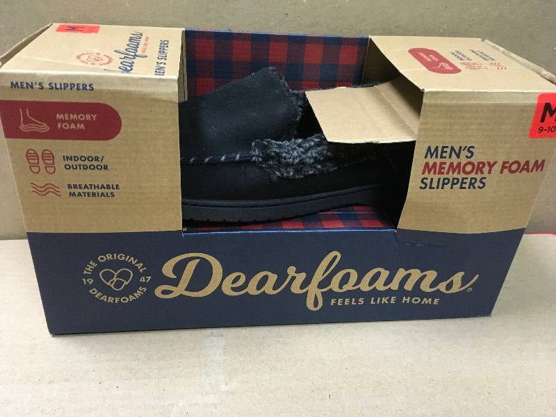 lot 29 image: Mens DEARFOAMS Memory Foam Slippers IndoorOutdoor M 9-10 Black not used