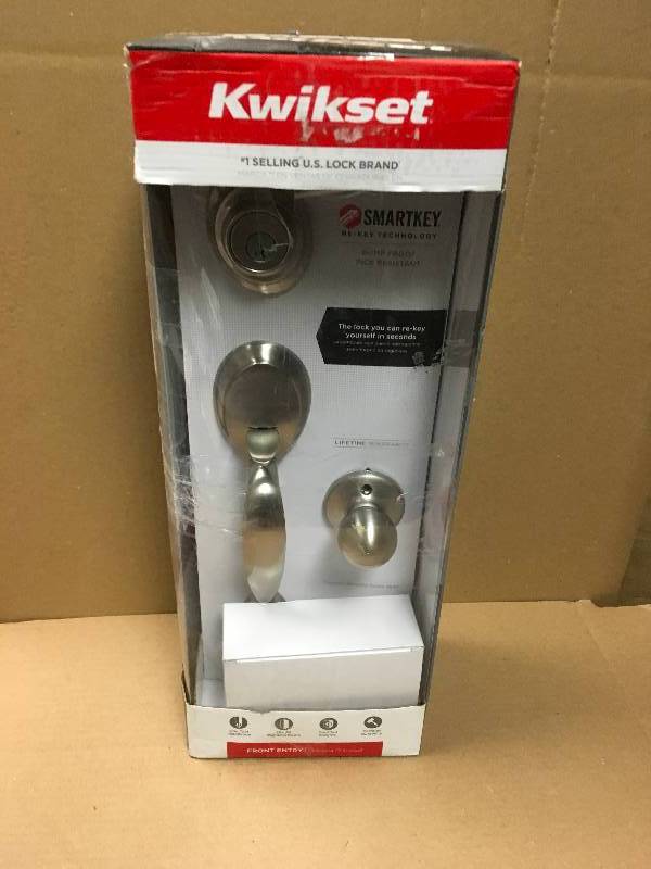 lot 37 image: Kwikset Dakota Satin Nickel Single Cylinder Door Handleset with Polo Knob Featuring SmartKey Security in like new condition