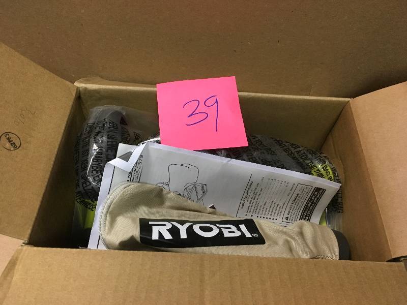 lot 39 image: RYOBI 18-Volt ONE Cordless Brushless 3 in. x 18 in. Belt Sander (Tool Only) with Dust Bag and (1) 80-Grit Sanding Belt in like new condition