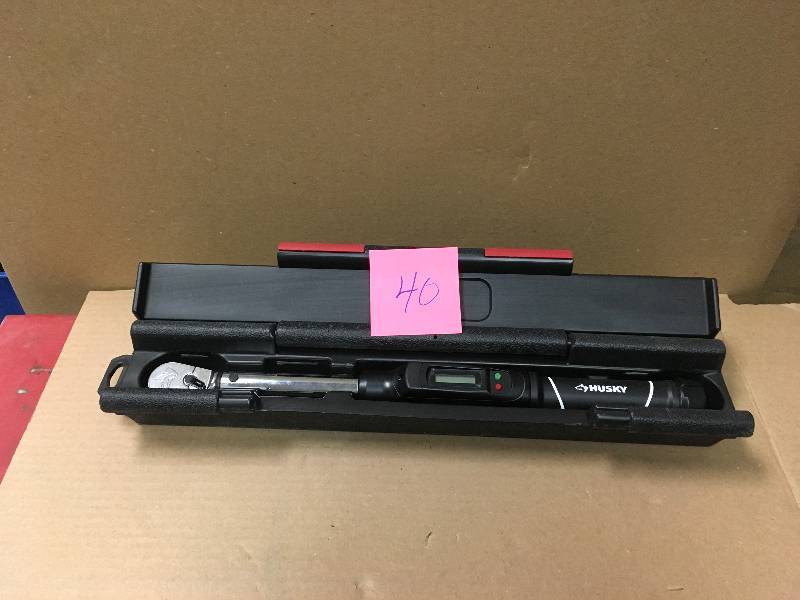 lot 40 image: Husky 5-80 ft. lbs. 38 in. Drive Digital Display Click Torque Wrench in like new condition