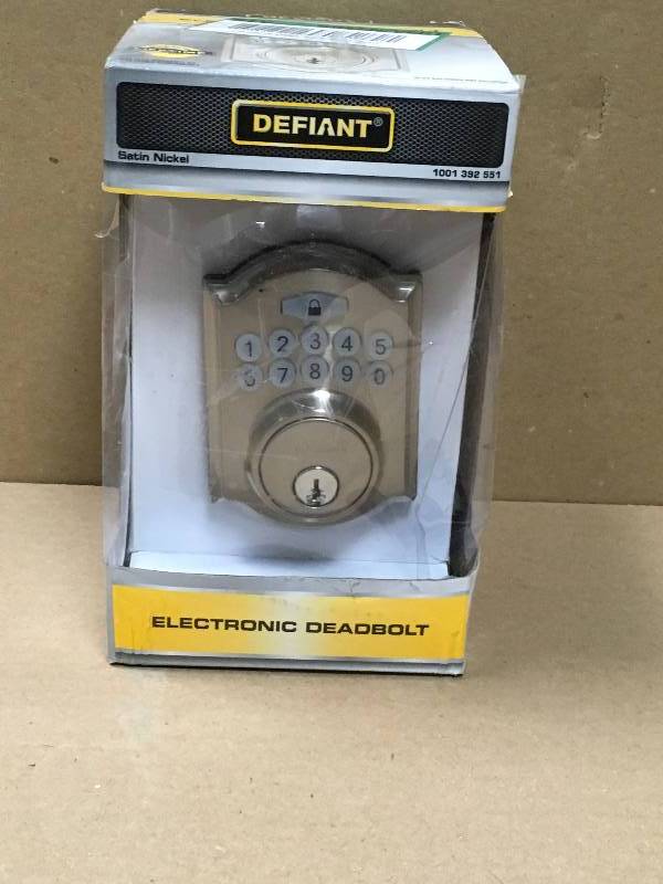 lot 44 image: Defiant Castle Satin Nickel Electronic Keypad Deadbolt in like new condition