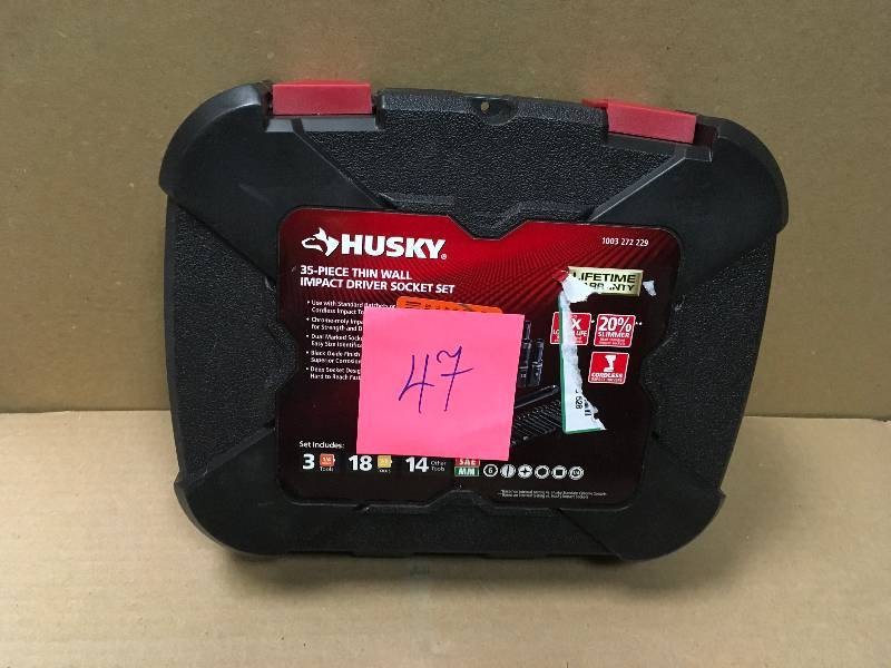 lot 47 image: Husky 38 in. Drive SAEMM Thin Wall Impact Deep Socket and Accessory Set (35-Piece) MISSING 1 PC
