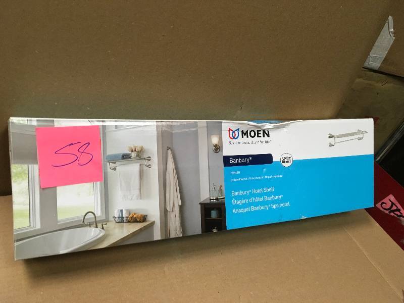 lot 58 image: MOEN Banbury 10-14 in. L x 4 in. H x 24 in. W Zinc Hotel-Style Bathroom Shelf in Brushed Nickel in like new condition