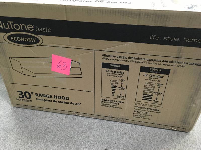 lot 63 image: NuTone RL6200 Series 30 in. Ductless Under Cabinet Range Hood with Light in Stainless Steel in like new condition