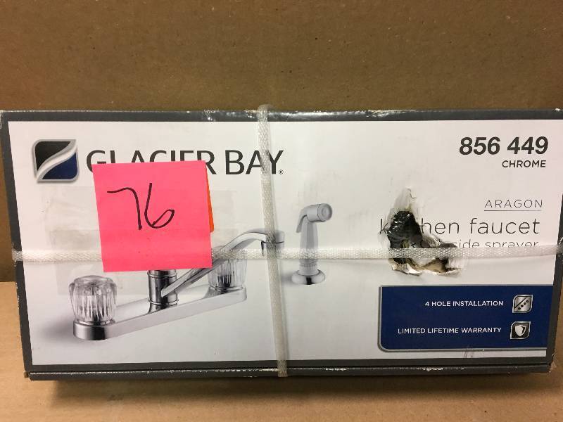 lot 76 image: Glacier Bay Aragon 2-Handle Standard Kitchen Faucet in Chrome with White Side Sprayer in like new condition