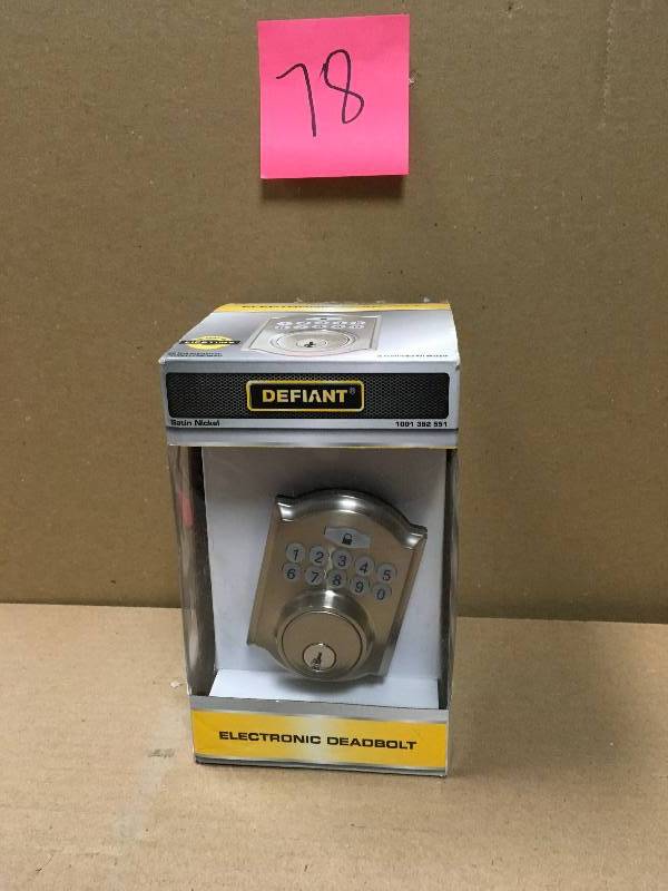 lot 78 image: Defiant Single Cylinder Satin Nickel Castle Electronic Keypad Deadbolt in like new condition
