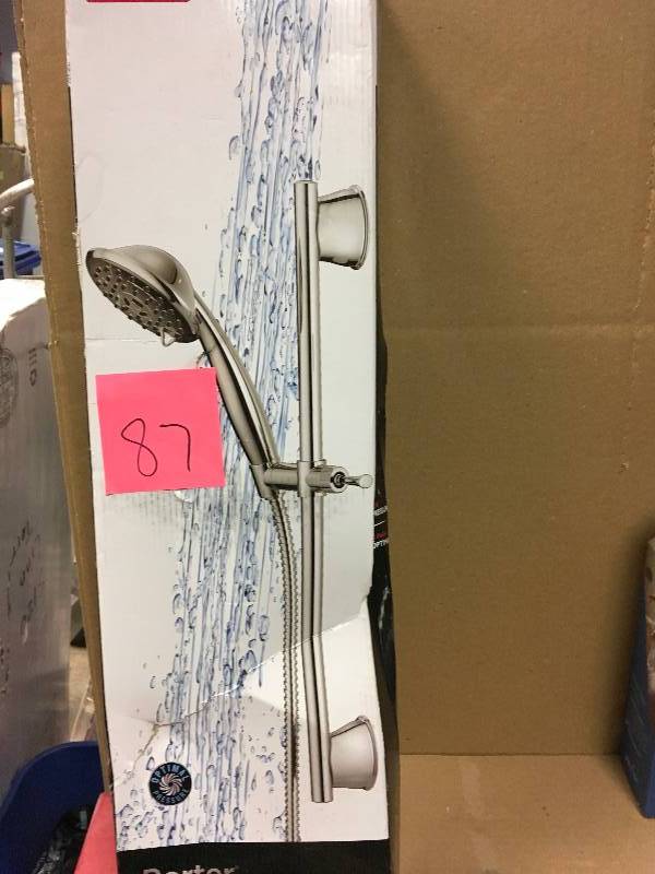lot 87 image: Delta Porter 3-Spray Wall Bar Shower Kit in Chrome in like new condition