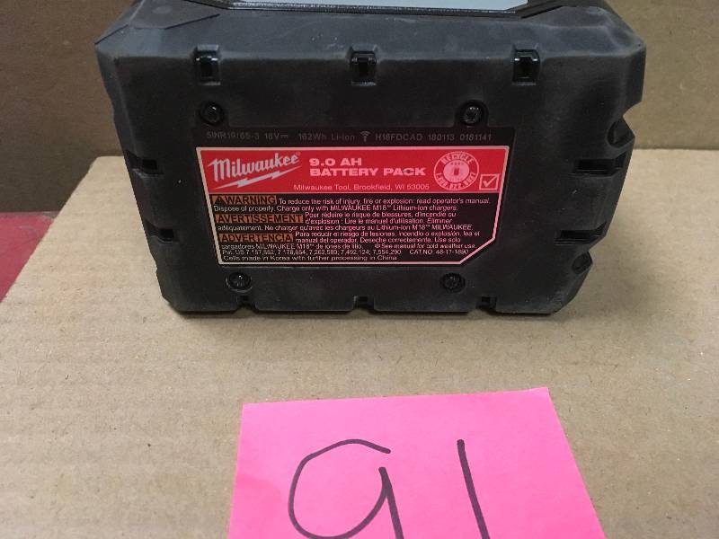 lot 91 image: Milwaukee M18 18-Volt Lithium-Ion High Demand Battery Pack 9.0Ah in good condition
